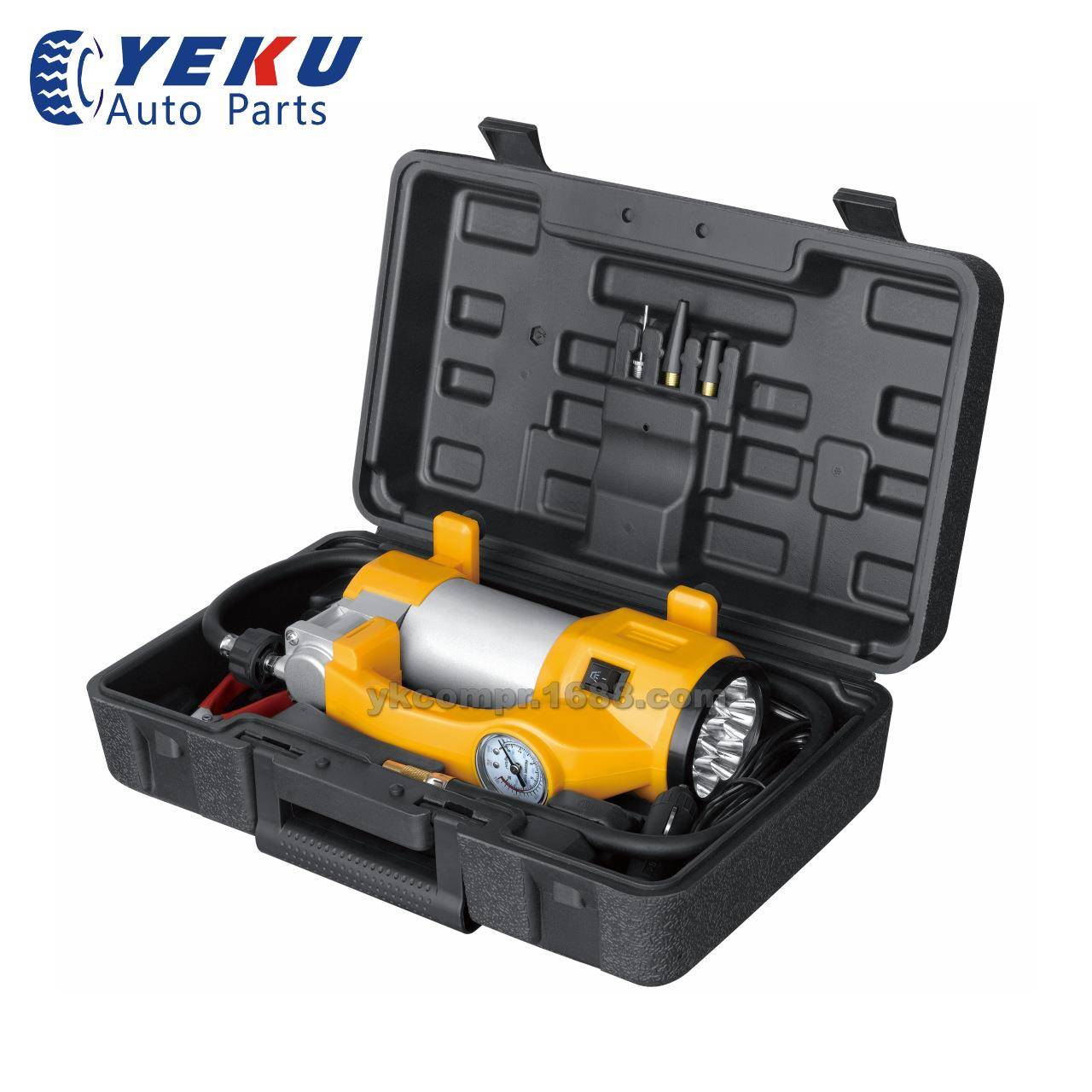 YK-206H12V车载轮胎充气泵单缸超静音泵点烟器电瓶夹两用接头带