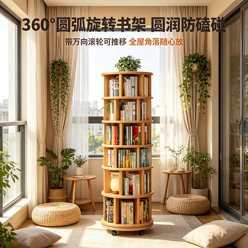 旋转书架可转带滚轮墙角收纳书柜