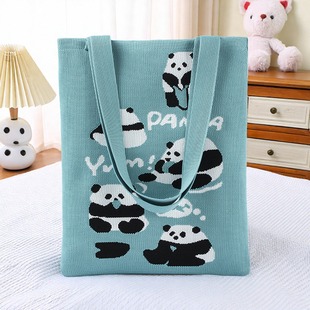 国风熊猫针包斜挎编织单肩包大容量百搭背影熊简约学生补课便携包