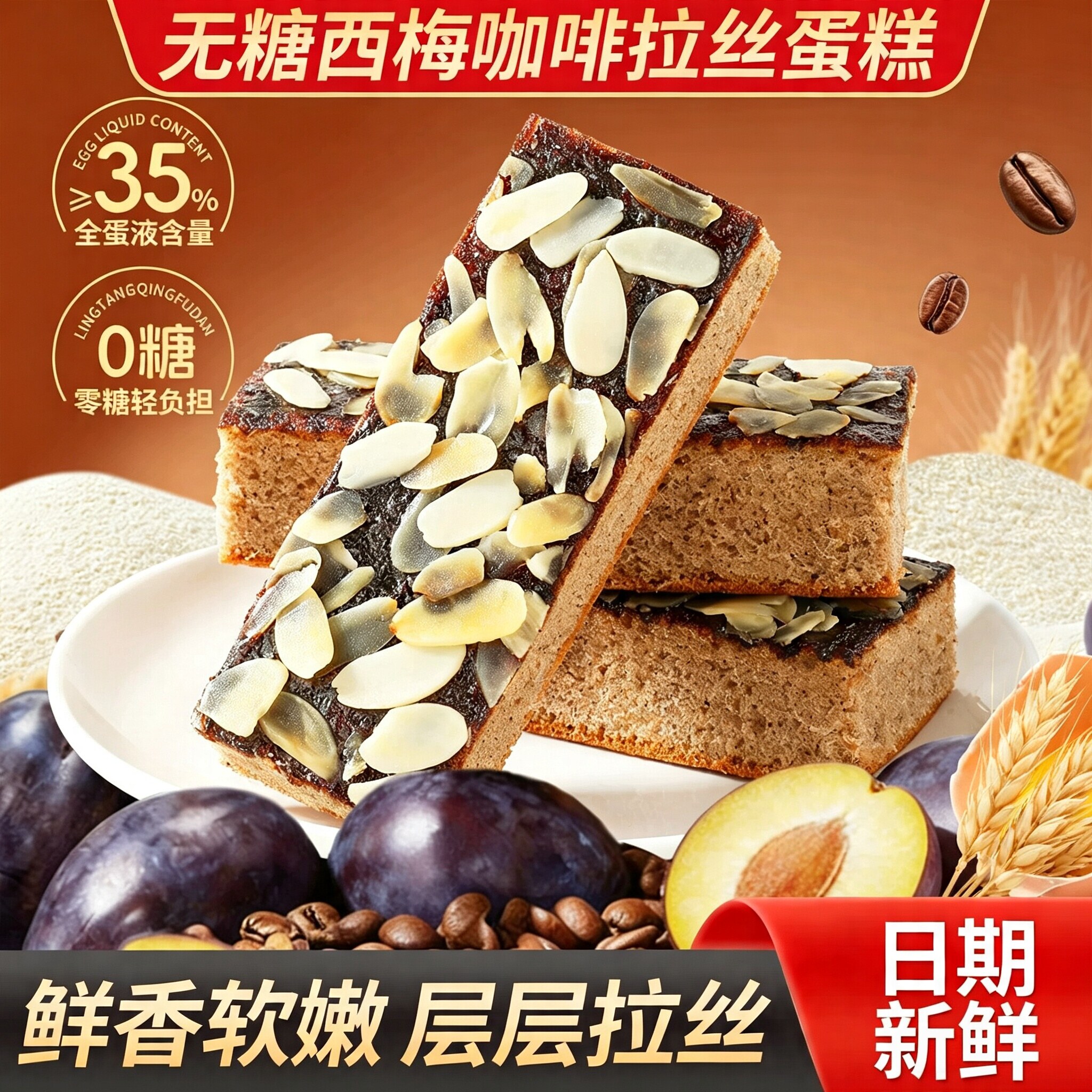 无糖西梅咖啡拉丝蛋糕营养早餐代餐肉松面包杏仁鸡蛋下午茶点心
