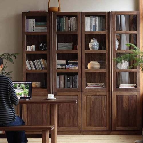 全实木北美黑胡桃木组合书柜樱桃木一体整墙落地展示柜客厅储物柜