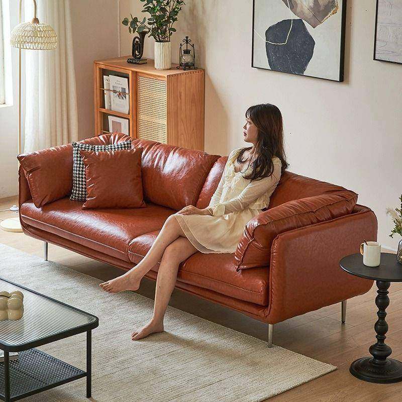 复古油蜡皮客厅沙发现代简约小户型沙发服装店接待直排双三人沙发