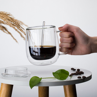 隔热双层带把玻璃水杯耐热圆形玻璃杯白色透明咖啡杯家用杯牛奶杯