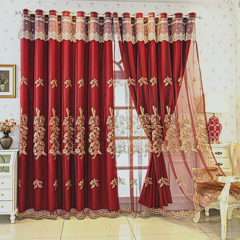 红色窗帘新e款双层纱布一体成品遮光加厚客厅落地卧室定制简约欧