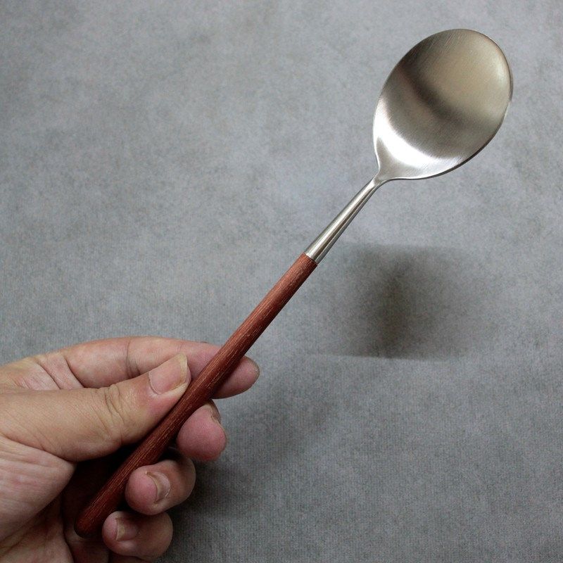 纤细花梨木圆柄304勺子t亚光不锈钢餐勺圆头饭勺长柄汤匙高档餐具