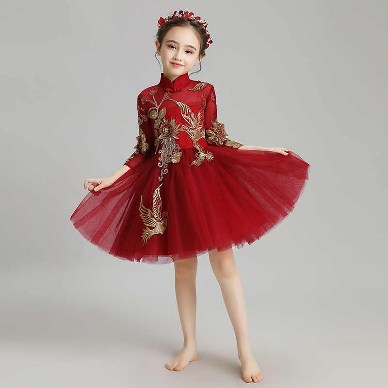 女童礼服公主裙儿童晚q礼服女孩蓬蓬纱小主持人钢琴演出服长袖洋