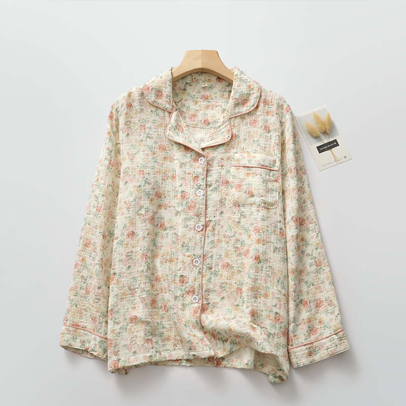 蔷薇花睡衣女纱日系翻s领开衫春秋长袖长裤家居睡眠服薄款外穿
