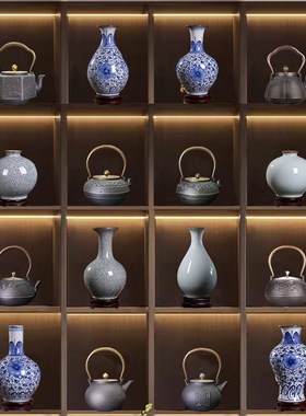 新中式软装摆件高档酒店酒柜茶室茶馆I茶壶装饰品花瓶工艺品摆设