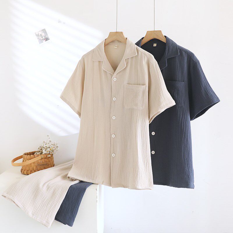 夏季睡衣男士纯棉纱布短袖短裤家C居服套装薄款宽松大码中年爸爸