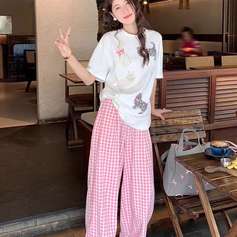 睡衣女款夏季e纯棉短袖格子长裤2025新款可外穿可爱卡通家居服套