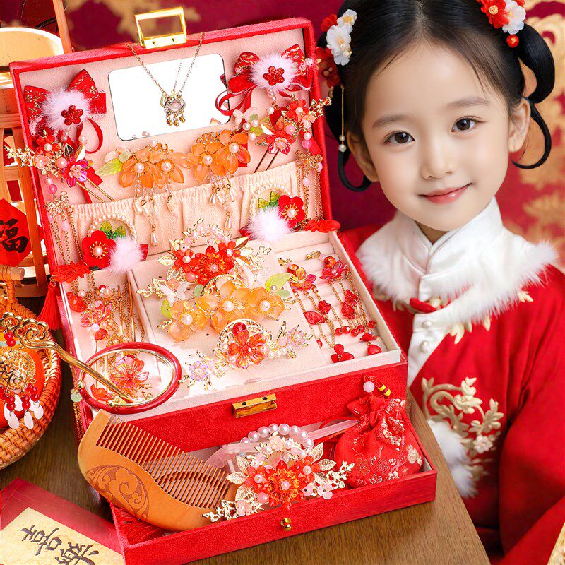 儿童新年女孩发饰古风礼盒女童发卡头饰汉服N过年发夹春节国风头