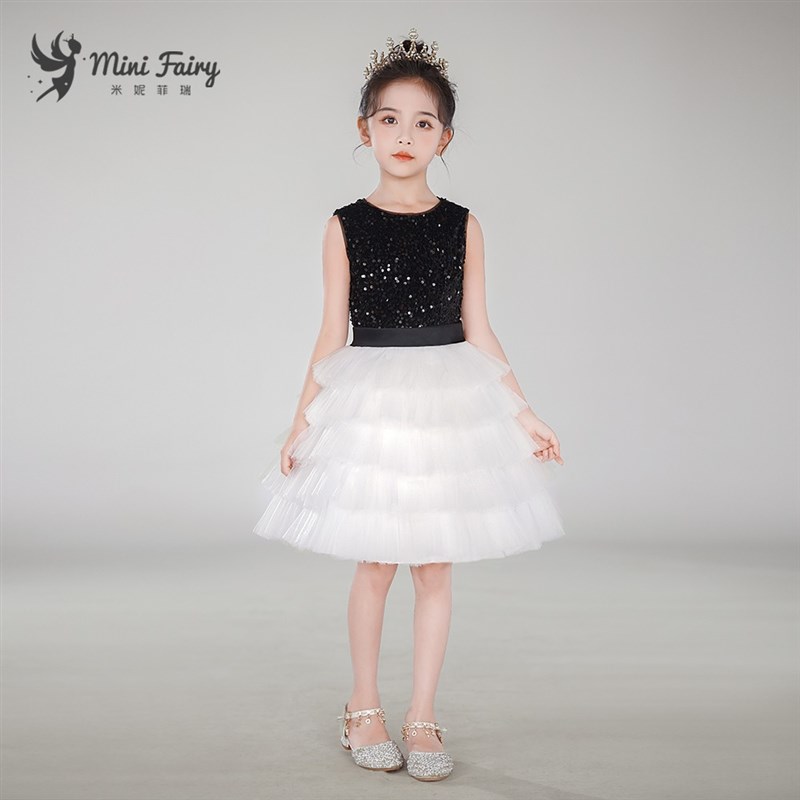 女童高端礼服黑白网纱q蛋糕裙女孩小提琴演奏比赛公主裙钢琴演出