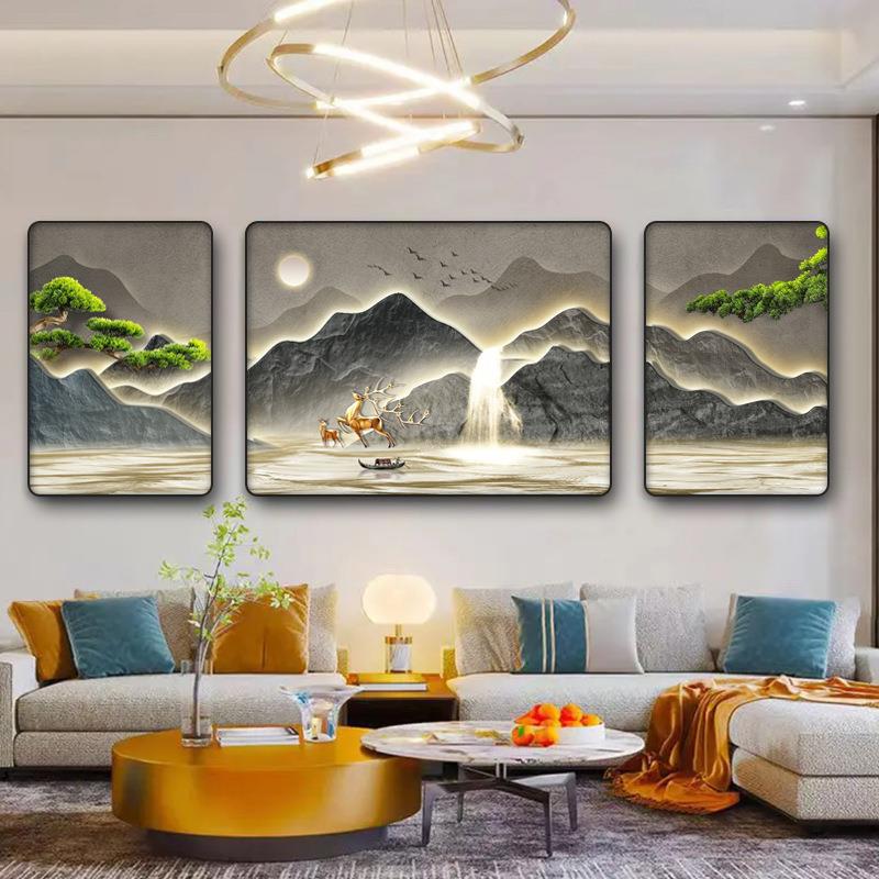 K17迎松山水客餐厅装饰画客厅挂画1新中沙发背景挂画高档三联式装