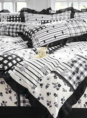 赫本风床花边单四件套上用品韩版毛磨黑白复古学床生宿舍OBF三件