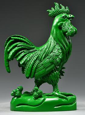 LDS01073绿饰色实木刻艺鸡摆件纯木头十二生肖公鸡客厅雕电视柜装