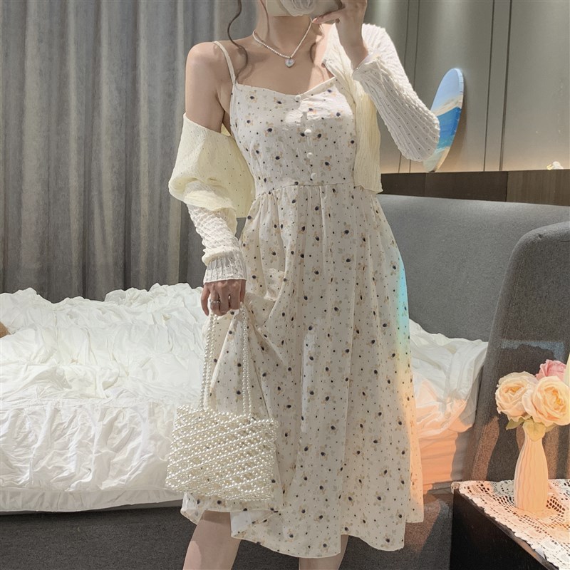 现货甜美小清新套装女春季长袖针织开衫碎花中长款吊带连衣裙子两