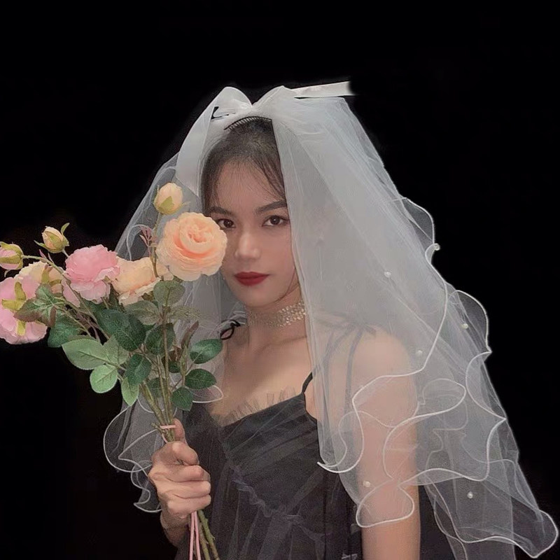 现货抖音同款结婚拍照新娘头纱简约森系复古婚纱头纱短款白色