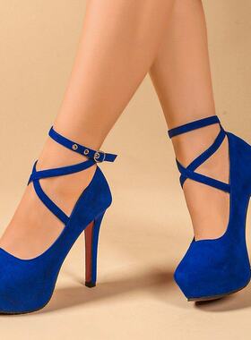 蓝色高跟鞋女防水台细跟单鞋配旗袍礼服晚宴会演出艺考模特走秀鞋