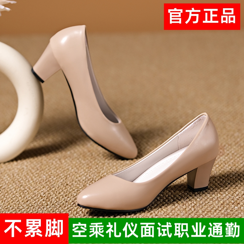 软皮裸色高跟鞋女粗跟2025新款不累脚法式圆头单鞋黑色职业工作鞋