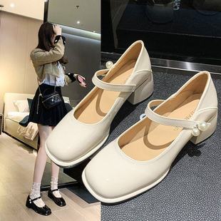 法式玛丽珍2025新款秋季一字扣方头单鞋女粗跟jk制服高跟鞋配裙子