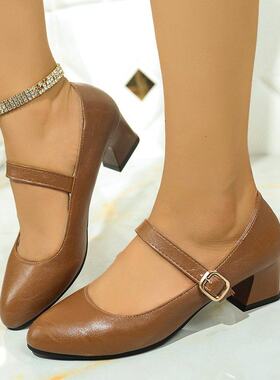 大码职业女黑色高跟鞋圆头礼仪5cm4学生一字扣单鞋面试粗跟工作鞋