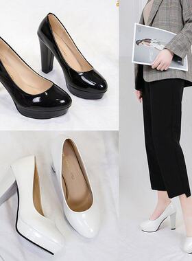 10厘米黑色防水台高跟鞋女粗跟圆头浅口职业工作COS万用白色单鞋