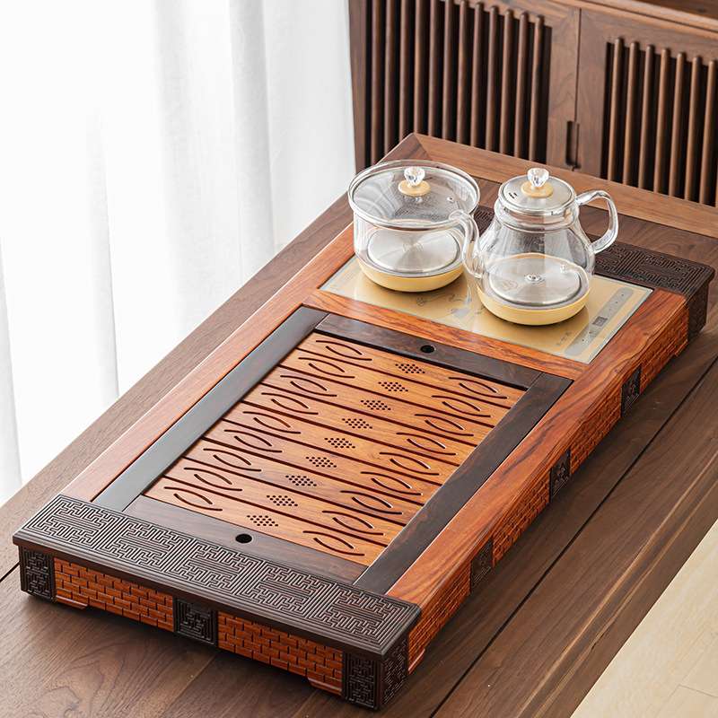 花梨实木边雕茶盘全自动烧水壶一体茶盘无茶具款家用中式原木茶台