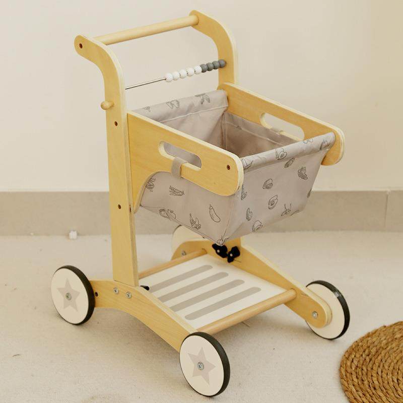 小孩儿童木制仿真购物车玩具宝宝动手扶小推车幼儿过家家超市购物