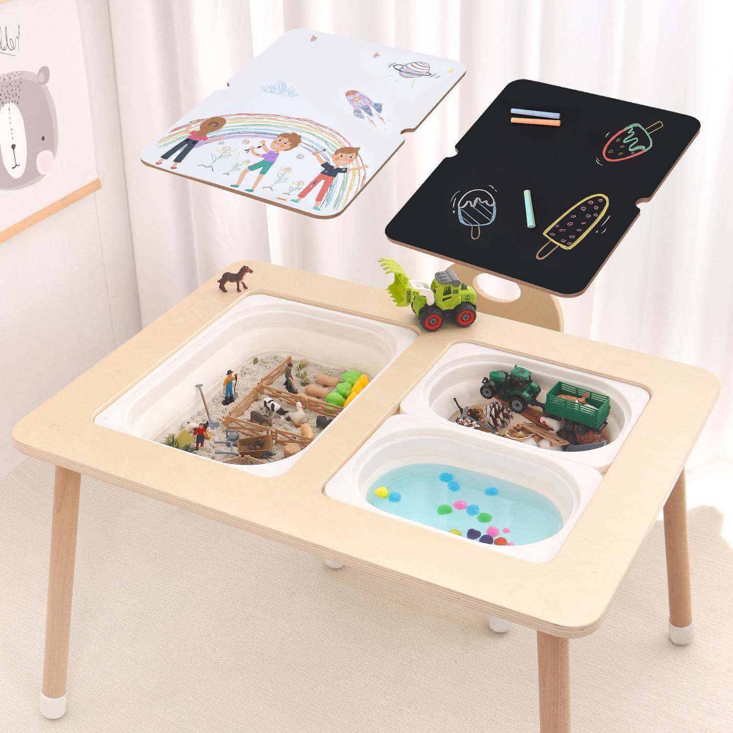 儿童积木桌玩沙水绘画多功能早教桦木感官训练桌椅套装游戏玩具桌