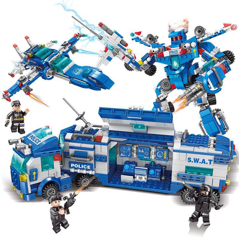 LL8663城市特警变形机甲小颗粒拼装积木8合1机器人飞机模型
