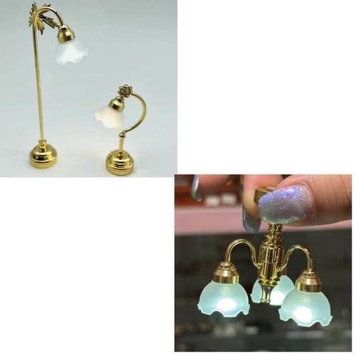 1：12dollhouse欧式微缩迷你LED可亮灯弯头落地台灯模型玩具配件