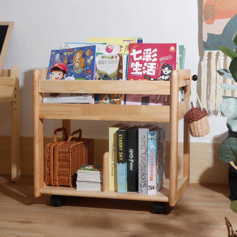 宝宝书架阅读置物架落地儿童房绘本架实木可移动带轮玩具收纳架