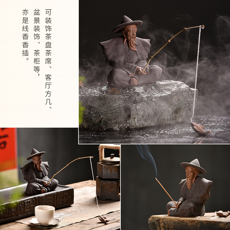 姜太公钓鱼人物陶瓷客厅t摆件鱼翁老头鱼缸造景假山盆景装饰品配