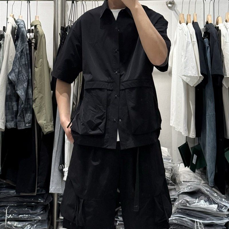 2RX夏季男户外机能风工装短袖衬衣日系休M闲宽松薄款短裤两件套装