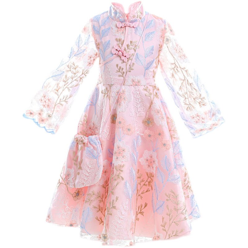 女童旗袍连衣裙春秋新款儿童公主裙洋气长袖小女孩中W国风唐装汉