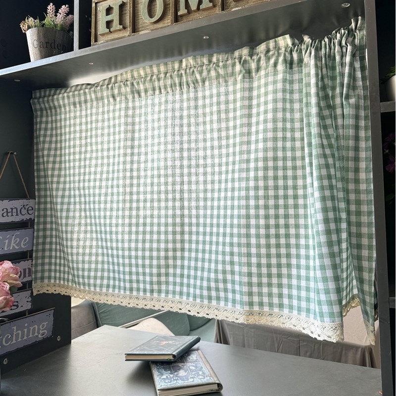 豆绿色格子橱柜帘门n帘半截小窗帘复古卫生间厨房短帘半截宿舍床