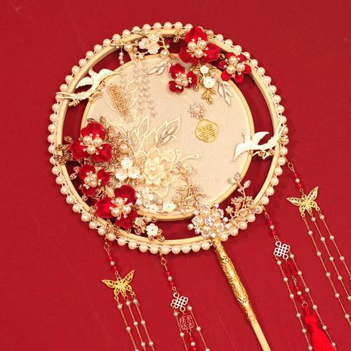 中式团扇结婚新娘l秀禾服喜扇出嫁diy材料包古风双圈汉服扇子成品
