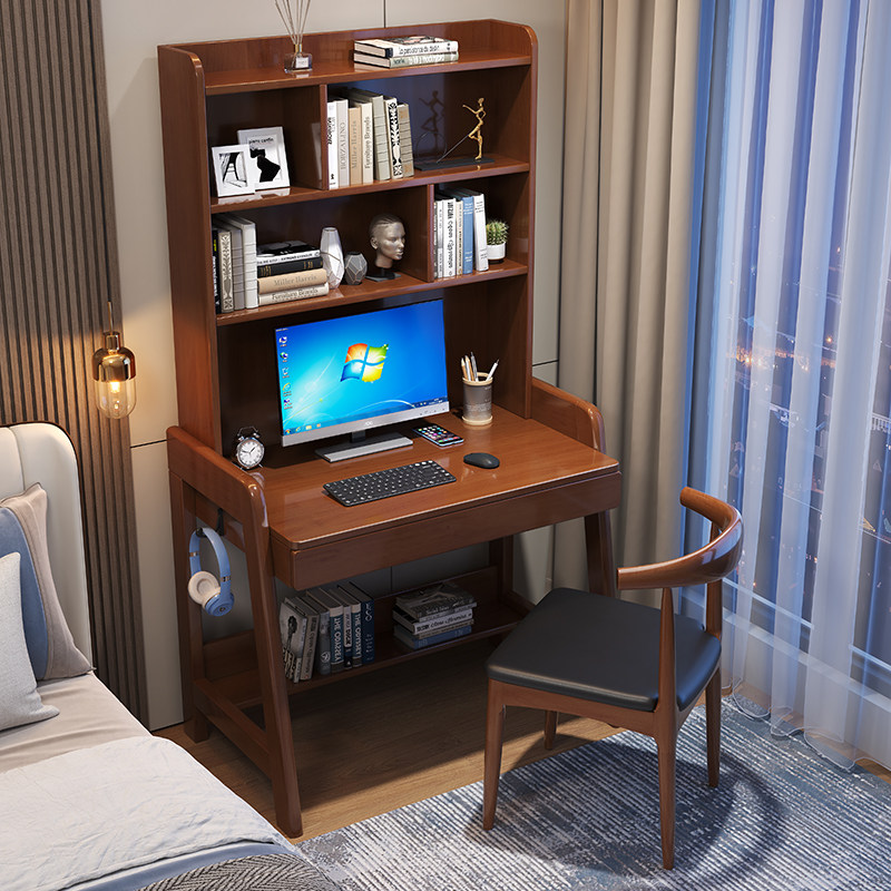 实木书桌书架一体桌家用卧室学习桌60/70/80/CM简V约电脑桌椅小户