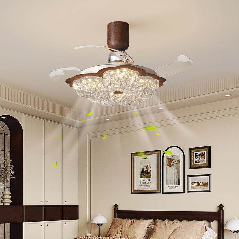 隐形风扇灯中古风花朵卧室灯法式奶油风静音电扇一体餐厅吊扇灯具