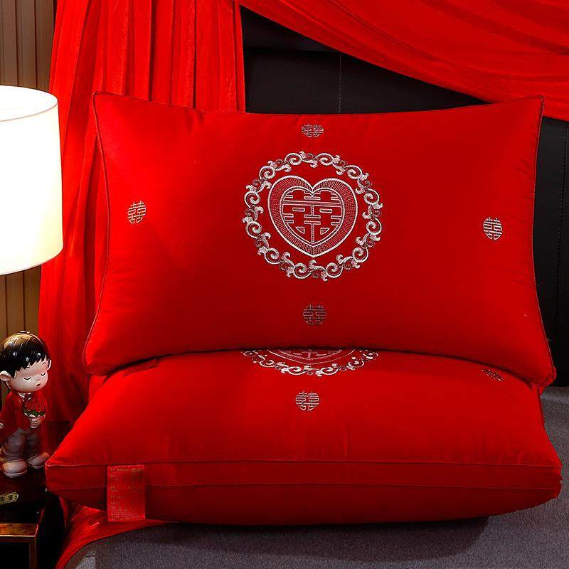 全棉婚庆大红枕芯情侣红色新婚枕头芯套装一对48*74成人结婚枕头
