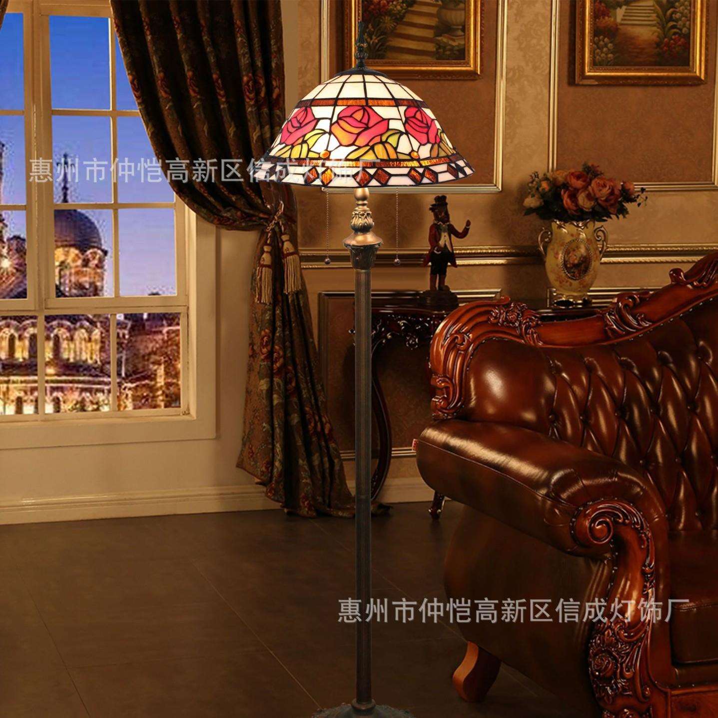 蒂凡尼彩色玻璃欧式复古酒吧咖啡餐厅卧室婚房玫瑰花别墅落地灯