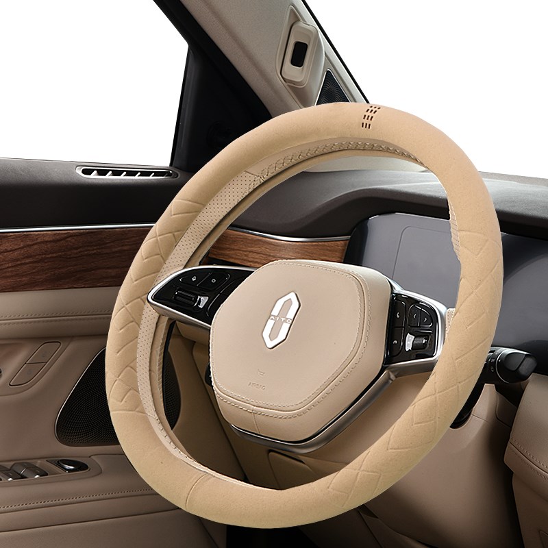 米色汽车把e套方向盘套夏季翻毛皮四季通用问界M7M9沃尔沃杏色
