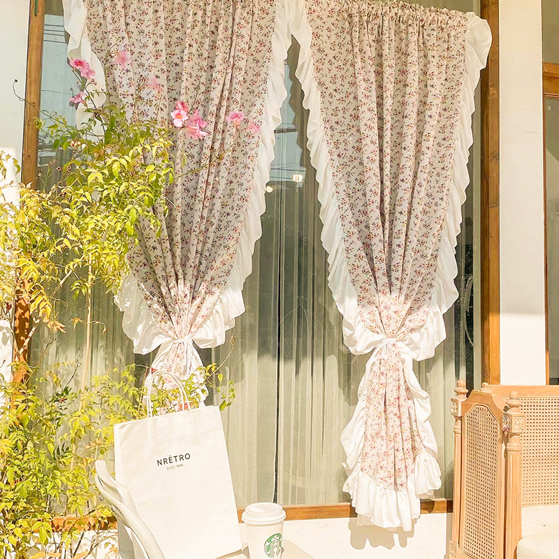 免打孔田园碎花厨房短帘小窗户隔断半帘I公主风荷叶边门帘飘窗窗