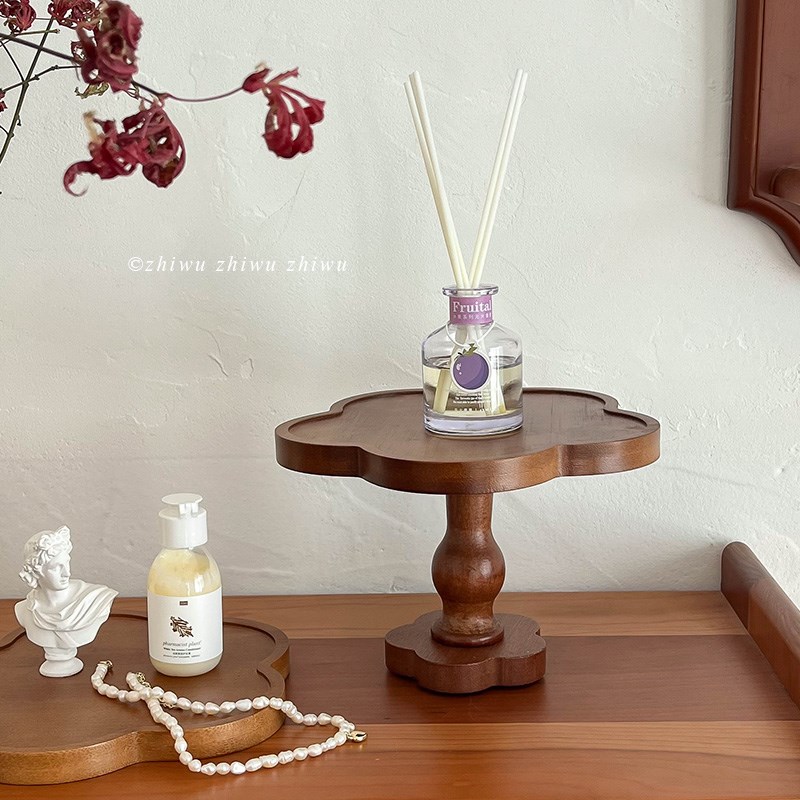 枝悟 复古花朵h高脚托盘 实木香薰蜡烛盘家用玄关首饰钥匙置物摆