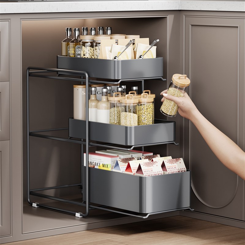 厨房下水槽抽拉式置物架水池拉篮收纳架I橱柜内置调料碗碟分层架