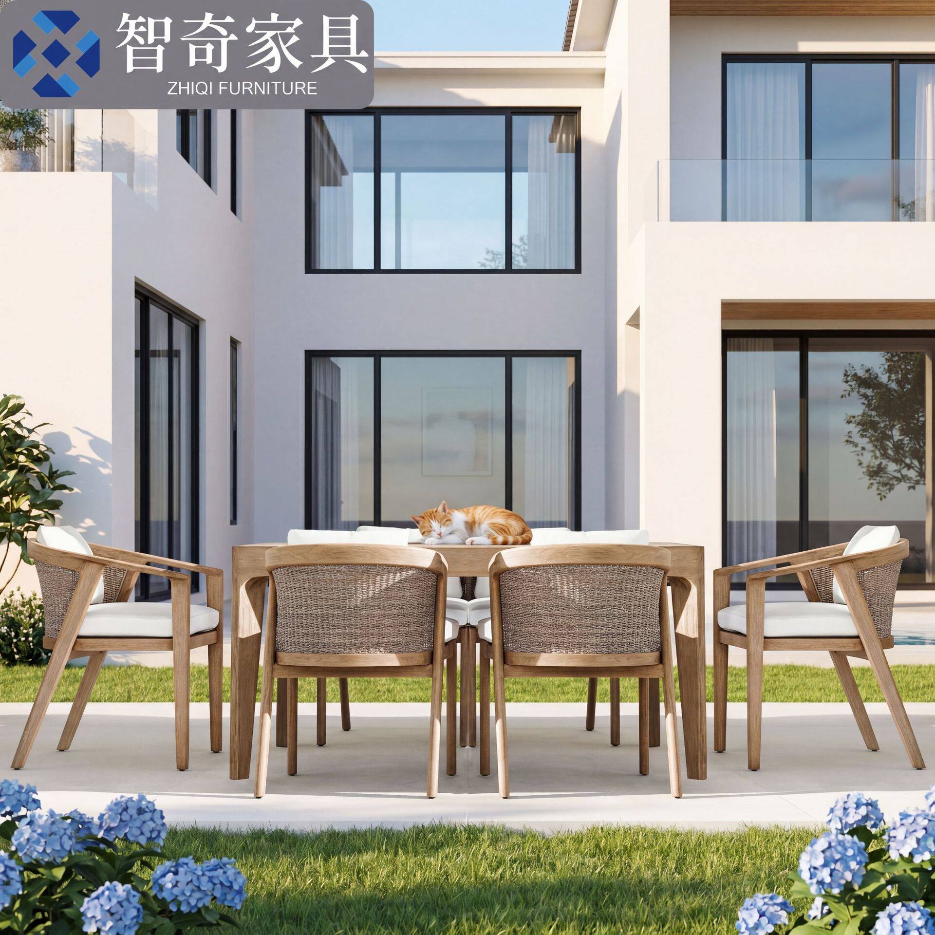 柚木户外藤编设计师桌椅花园酒店别墅庭院露台实木餐桌藤制椅家具