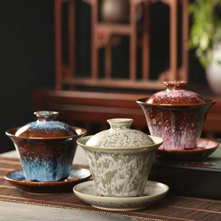 盖碗陶瓷功夫茶具泡茶碗钧窑三才碗大号盖杯家用 精品建盏窑变釉