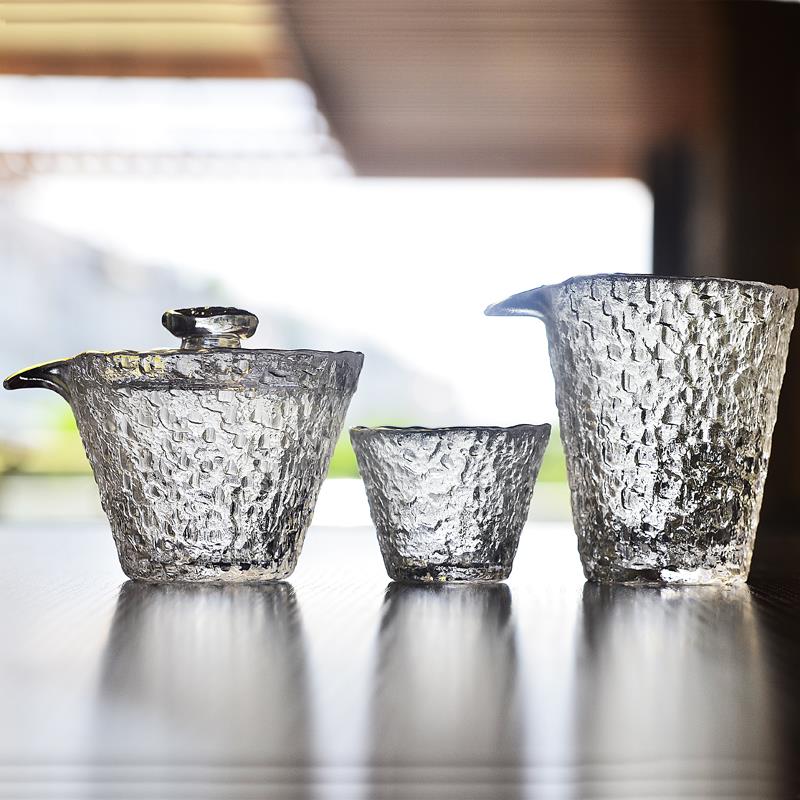 日式冰裂功夫茶具套装家用锤纹玻璃金边公道杯盖碗茶杯泡茶办公室