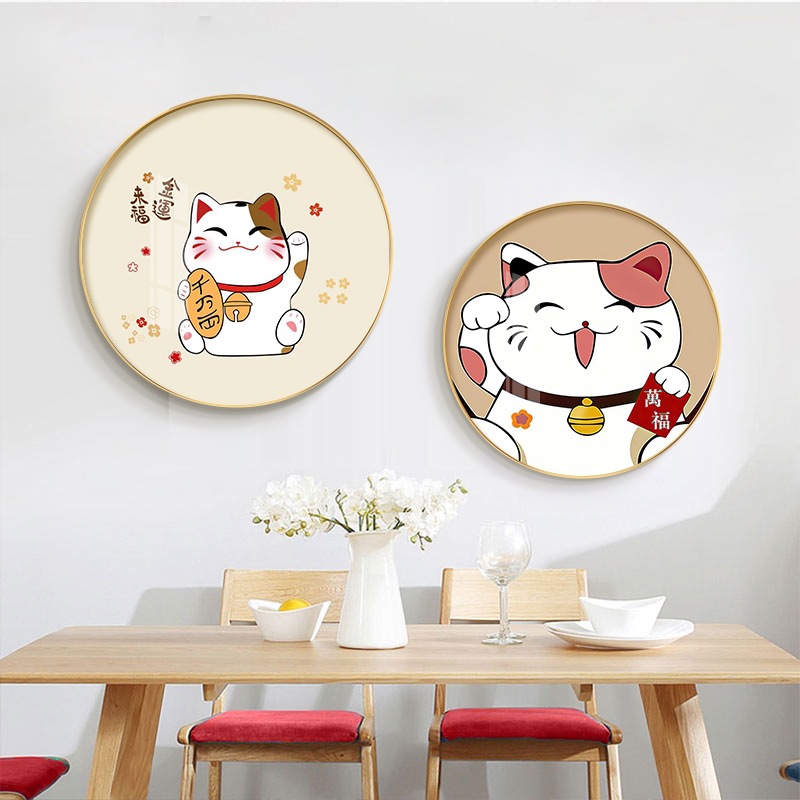 圆形装饰画简约现代客厅背景挂画入户招财猫玄关餐厅墙面猫咪壁画图片