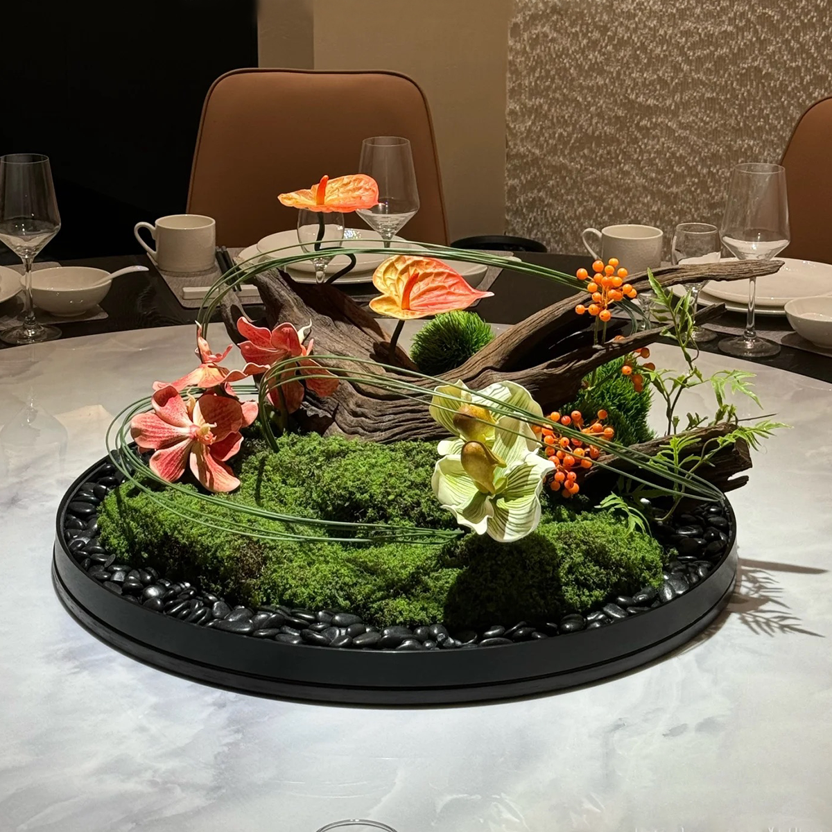 酒店餐桌转盘仿真花中式摆件